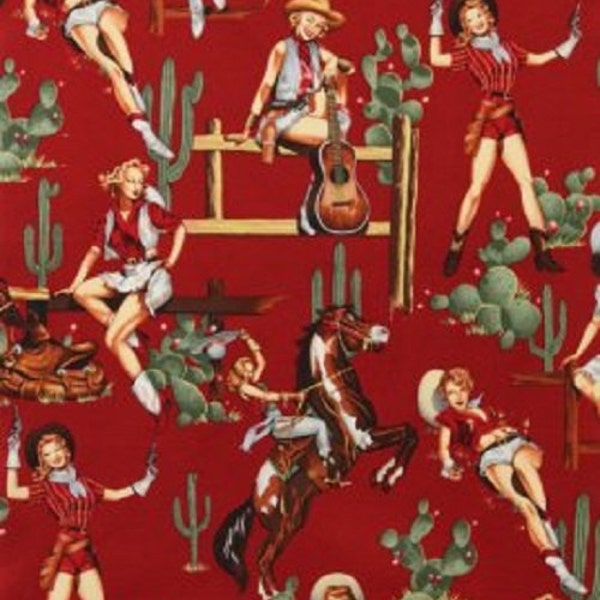 Alexander Henry Fabric Vintage Pin Up Cowgirls- FROM THE HIP Red, Western, Rodeo