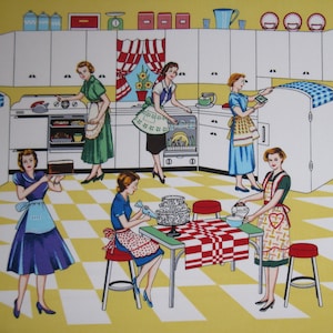 Home Ec- 100% Cotton Fabric by the Yard By Michael Miller Vintage Look, Adorable! Kitchen Print from the 50&#39;s
