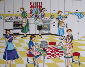 Home Ec- 100% Cotton Fabric by the Yard By Michael Miller Vintage Look, Adorable! Kitchen Print from the 50's