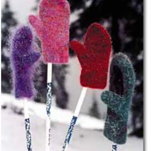 May include: Four colorful knitted mittens on sticks, perfect for winter decor. The mittens are in shades of purple, pink, red, and teal. The sticks are white with a blue and white patterned design. The background is a snowy scene.