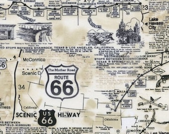Timeless Treasures Route 66 Natural Fabric By the Yard/ Half Yard- Map C7529 100% Cotton