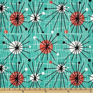 Michael Miller Mid-Century Modern Atomic Turquoise Fabric By The Yard/ Half Yard- 100% Cotton Retro! 50's!