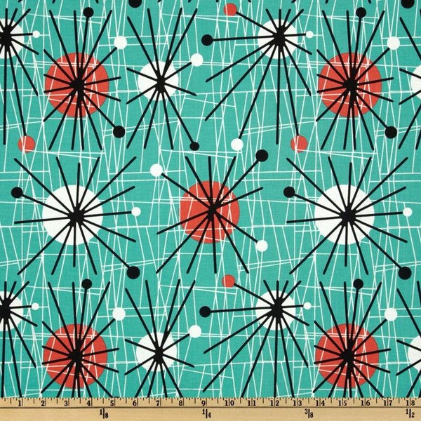 Michael Miller Mid-Century Modern Atomic Turquoise Fabric By The Yard/ Half Yard- 100% Cotton Retro! 50's!