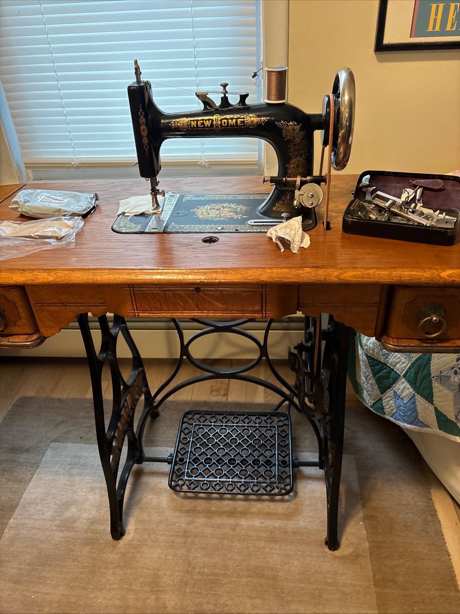 Vintage New Home Treadle Sewing Machine From 1800's W/ Cabinet