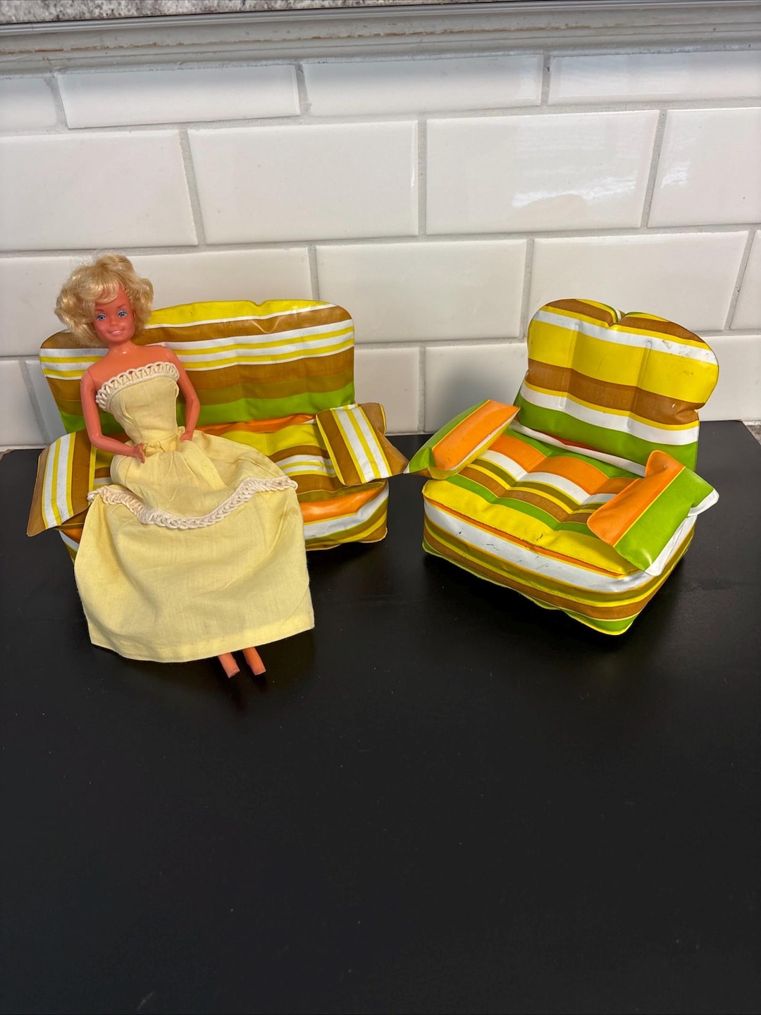 1970s Barbie Puff N Play Blow up Inflatable Striped Sofa and Chair W ...