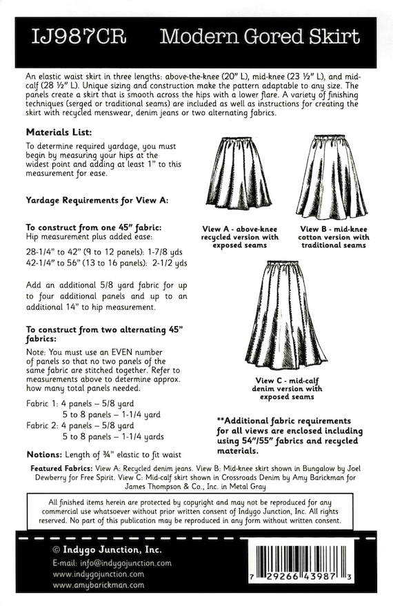 NEW MODERN GORED SKIRT SEWING PATTERN INDYGO JUNCTION IJ987CR