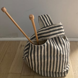 Japanese Knot Bag, Tote, Project Bag Black and Beige Stripe, Knitting Project Bag