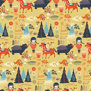 May include: A seamless pattern featuring a whimsical woodland scene with a yellow background. The pattern includes a variety of elements, such as bears, horses, trees, teepees, and flowers. The pattern is perfect for use in a variety of crafting projects, such as fabric, wallpaper, and scrapbooking.