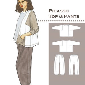 May include: A sewing pattern for a top and pants called "Picasso Top & Pants". The pattern includes a line drawing of a woman wearing the outfit, as well as separate line drawings of the top and pants.