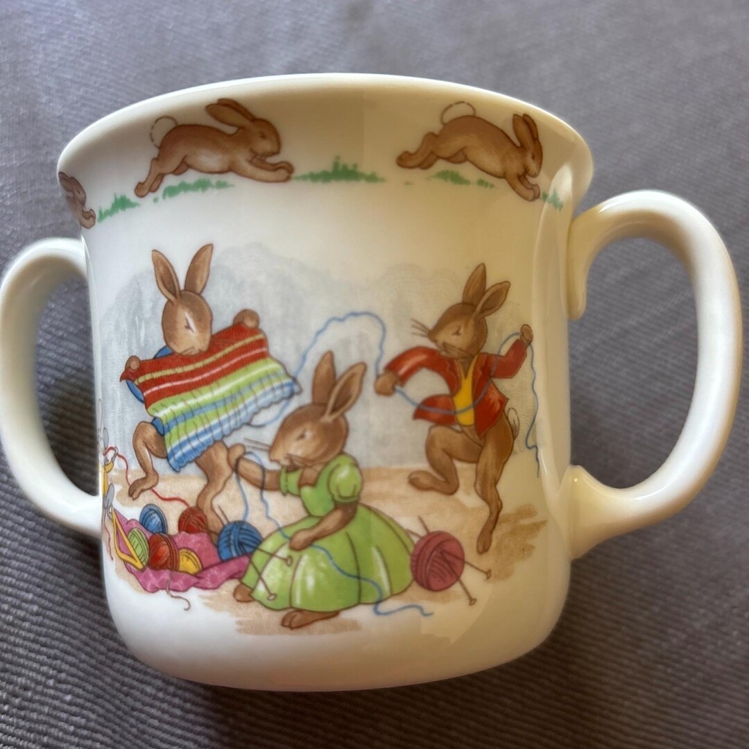 Bunnykins Rabbits Unraveling Knitting Royal Doulton Double Handle Bone ...