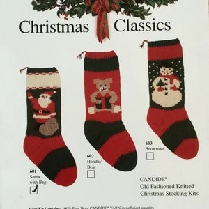 May include: Three knitted Christmas stocking kits with different designs: Santa with a bag, a holiday bear, and a snowman. Each kit includes 100% pure wool yarn, knitting instructions, and a letter and number chart to personalize the stocking with a name and year. Finished stocking size is approximately 7 inches by 22 inches. Size 8 knitting needles are required, but not included in the kit.