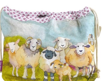 Colorful Sheep Drawstring Field Project Bag, Tote - Adorable! Knitting/ Crochet & More! Great Size!