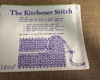May include: A white canvas pouch with a green zipper, featuring the text "The Kitchener Stitch" in purple. The pouch includes illustrated instructions and the "HiKoo" logo. The instructions detail steps for the Kitchener stitch.