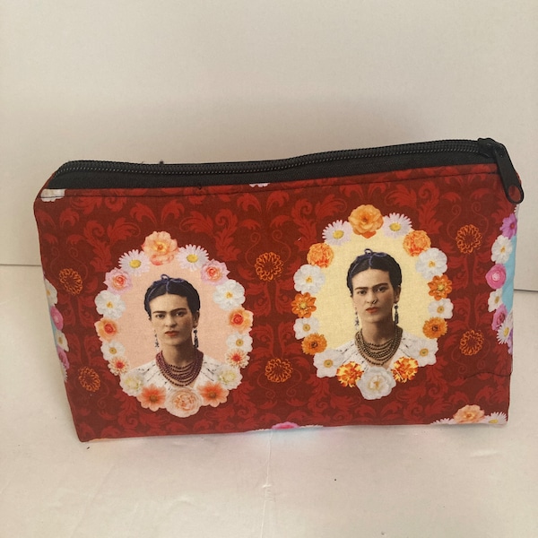 Frida Zippered Pouch, Cosmetics , Art Supplies, Craft Tool storage Fully Lined, Folk Art!