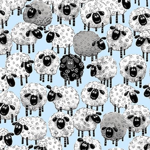 May include: A blue background with a pattern of white sheep with black faces and curly white wool. One black sheep with curly black wool stands out from the crowd.