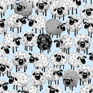 Susybee Allover Print Sheep Ewe Fabric- Lewe The Ewe- So Cute! Blue Background 20230