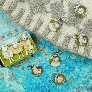 Enamel Stitch Markers in Sheep Storage Tin - Sheep on Grass! 3 Way Stitch markers!