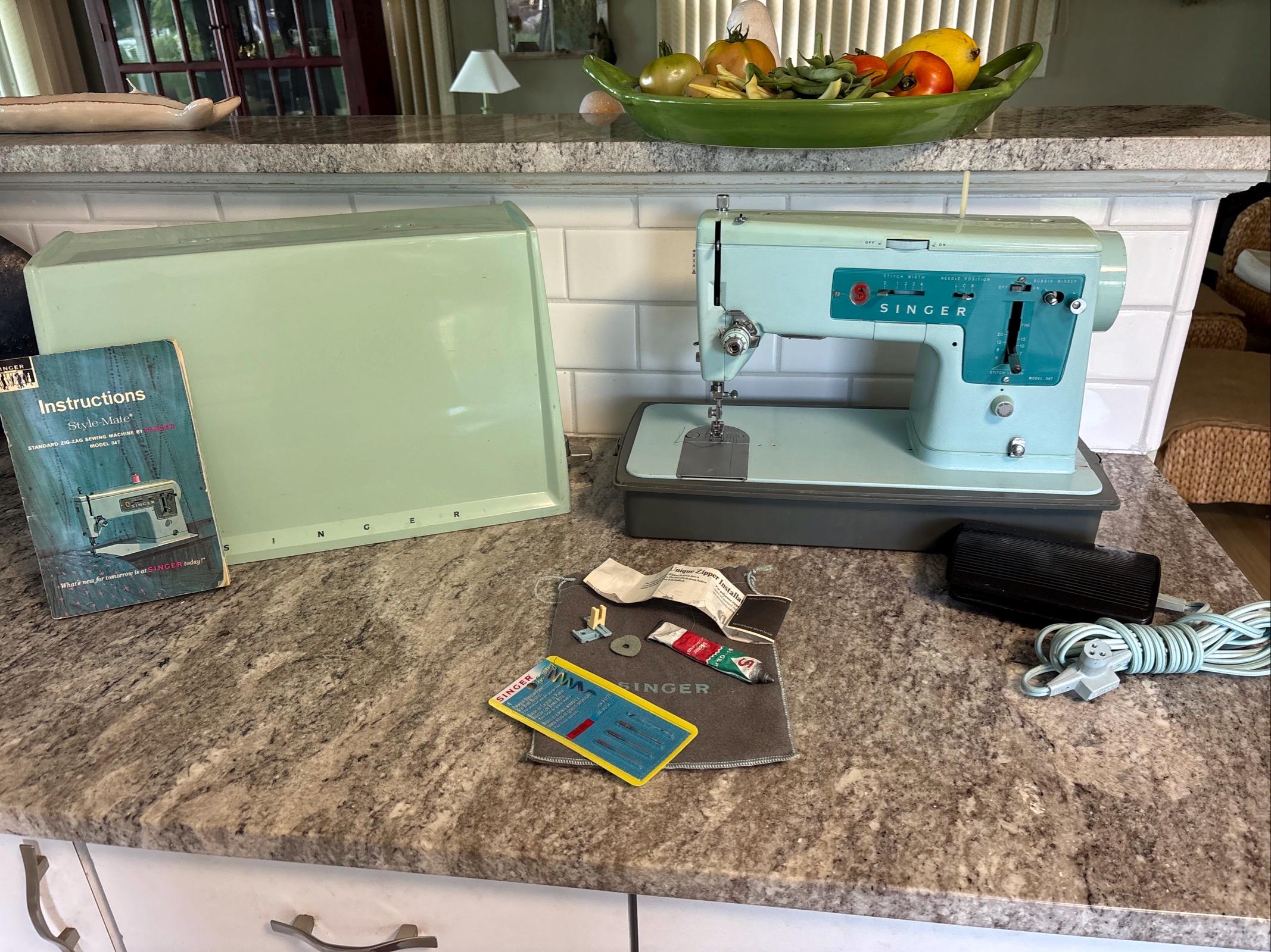 VINTAGE SINGER 347 Blue Sewing Machine W/original Case, Manual
