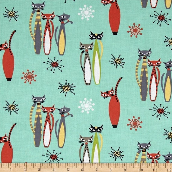 Seafoam Atomic Tabby Cat Fabric by Michael Miller PC6297 by Etsy