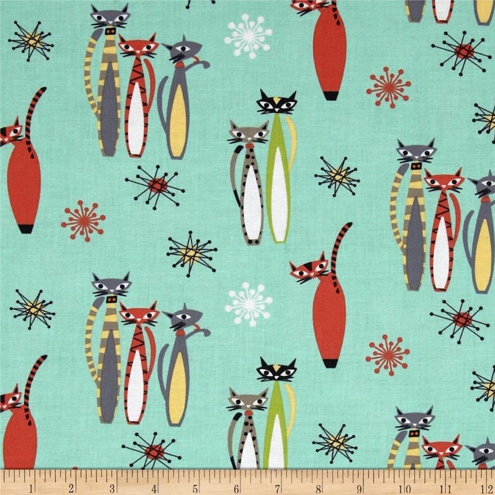 Seafoam Atomic Tabby Cat Fabric by Michael Miller- PC6297- By The Yar…
