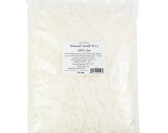 May include: A white plastic bag filled with white soy wax flakes. The bag has a label that reads "Natural Candle Wax 100% Soy".