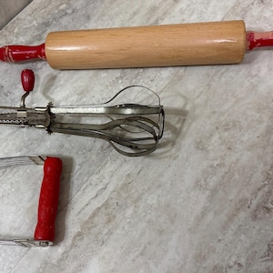 Antique 3 Pc Kitchen Tool set- 18” Maple Wood Rolling Pin,  Pastry Blender, Beater- Red Handles, Farmhouse Vintage