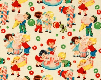 May include: A white fabric with a repeating pattern of children enjoying various treats. The children are depicted in a cartoon style with bright colors and playful expressions. The treats include ice cream cones, sundaes, cupcakes, and candy.