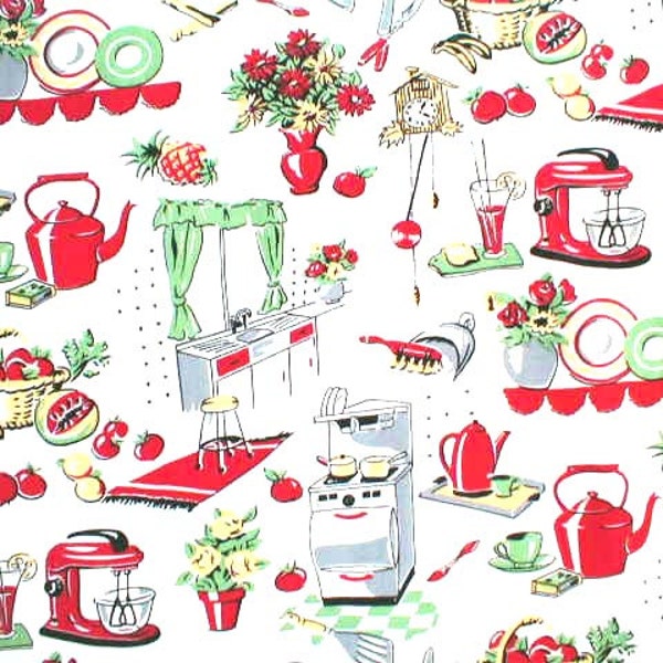 Fifties Kitchen 100% Cotton Fabric By Michael Miller Vintage Look, Adorable By The Yard/ Half Yard 50's!