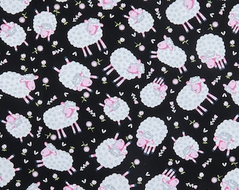 Sheep Fabric,100% Cotton Fabric by the Yard/ Half Yard- Black Background , Santee Fabrics- Adorable!