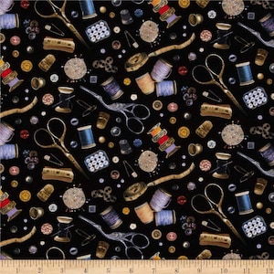 Elizabeth's Studio Stitch In Time Sewing Notions Tossed on Black Fabric-100% cotton By the Yard / Half Yard 408E