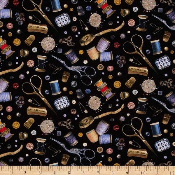 Elizabeth's Studio Stitch In Time Sewing Notions Tossed on Black Fabric-100% cotton By the Yard / Half Yard