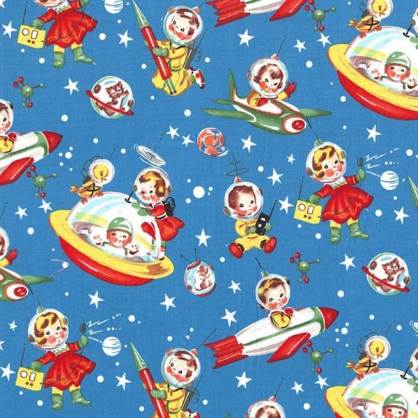 Retro Rocket Rascals- 100% Cotton Fabric by the Yard By Michael Miller Vintage Look, Adorable!