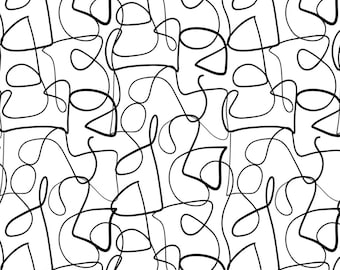 ABSTRACT COLLAGE - Squiggly Lines - 209182 Paintbrush Studio Fabrics, Mid Century Modern  Design- Black & White
