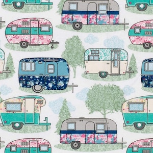 Retro Camper Flannel Fabric, A E Nathan Comfy Prints 15313 White, Vintage Travel Trailer, Camping Flannel, Cotton Flannel by the Yard/ HY