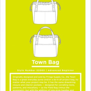 May include: Line drawing of a tote bag with a drawstring closure, two exterior pockets, and tote-style handles. The bag is labeled "Town Bag" and "Style Number 32003 | Advanced Beginner".