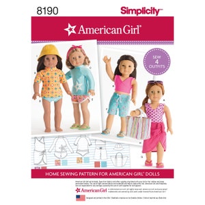 May include: Simplicity sewing pattern 8190 for American Girl dolls. The pattern includes instructions for sewing four outfits, including a pink top with a V-neck, a blue and white striped swimsuit, a pink and white striped skirt, and a yellow and orange top with a star.