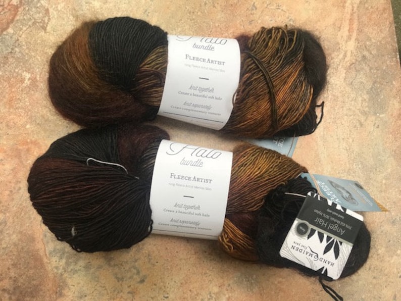 Hand Maiden Fleece Artist Hand Dyed Halo Bundle Yarn Merino Slim and Mohair 2 Yarns Color Earth