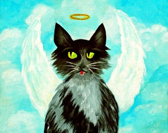 Angel Cat Art Print, Cat Print, Black Cat Art Print, Whimsical Humorous Cat Art, Home Decor, Cat Decor