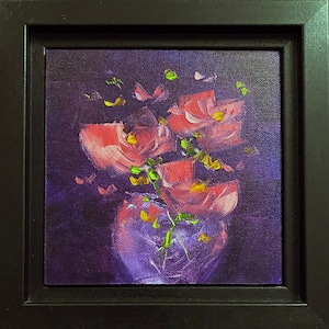 Colorful Abstract Still Life Flower Painting Framed | Pink Floral Oil Art for Home Decor | Vibrant Floral Wall Art | Unique Gift