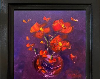 Red Flower Oil Painting, Still Life Abstract Flower Painting, Floral Art, Home Decor, Wall Decor.