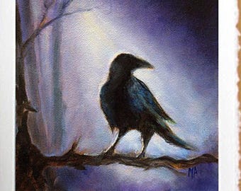 Krähe Fine Art Print Grußkarte, schwarze Krähe Vogel Illustration Karte, signiertes Briefpapier, Geschenk für Vogelbeobachter, handgemachte Karte