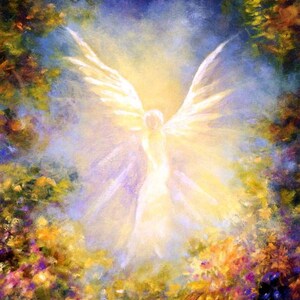 May include: A painting of a white angel with wings spread wide, glowing brightly in a field of colorful flowers. The angel is surrounded by a soft, ethereal light.