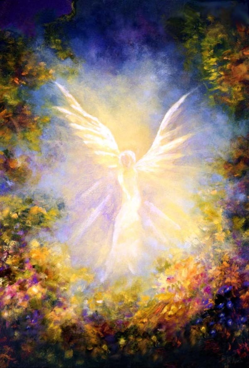 May include: A painting of a white angel with wings spread wide, glowing brightly in a field of colorful flowers. The angel is surrounded by a soft, ethereal light.