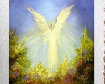 May include: A painting of an angel with large white wings, standing in a field of flowers. The angel is glowing with a soft, white light. The background is a blue sky.
