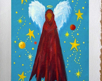 Tarjeta de felicitación con lámina artística de ángel guardián y pintura de estrellas celestiales.