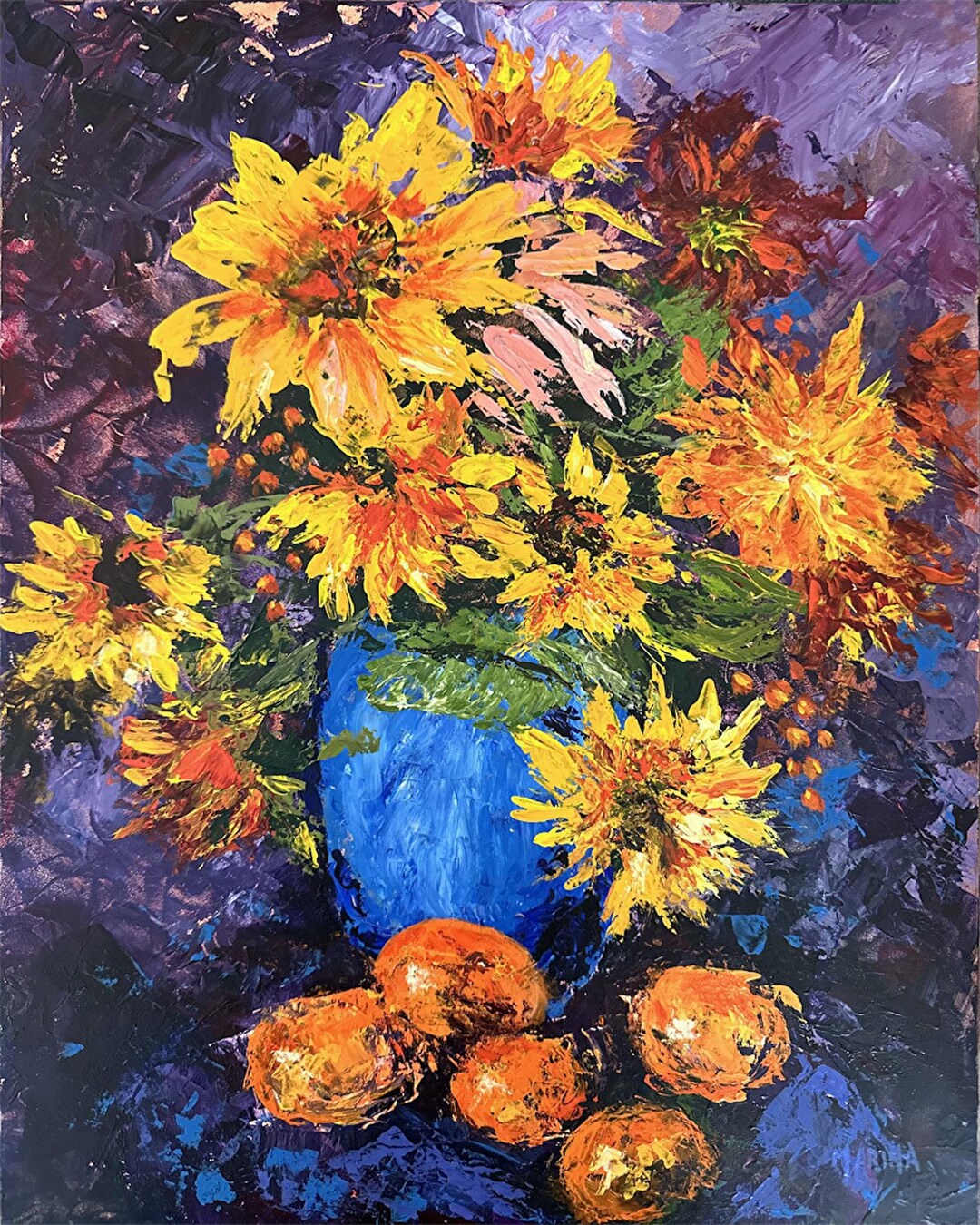 Sunflower Palette Knife Painting, Colorful Still Life Art, Sunflower ...
