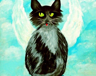 Angel Cat Art Print, Whimsical Black Cat Painting, Humorous Cat Decor, Fine Art Wall Art, Cat Lover Gift, Angel Wings, Home Decor