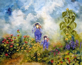 Original Landscape Oil Painting, Countryside Flowers, Scarecrows, Whimsical Art, Rural Landscape, Wall Decor