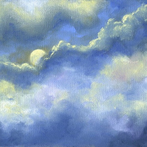 Moonlight Blues-Full moon oil painting rolling clouds sky 6x8 by Marina Petro