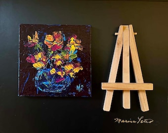 Original Abstract Mini Flower Painting on Canvas, Colorful Flower Art, Still Life Flowers, Flower Gift, Home Decor